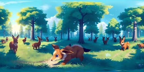 forest surrounded by a pack of adorable little Eevees