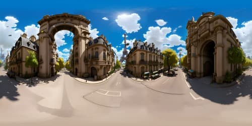 Tifa and Cloud Strife on a chocobo through Paris cityscape, ultra high resolution, VR360 grandeur, detailed gothic architecture, Arc de Triomphe, Eiffel Tower, fantasy cross-realism style blend, Final Fantasy homage, VR360 masterpiece.