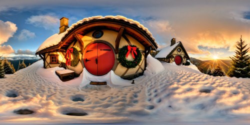 A flawlessly detailed, ultra high-res winter wonderland in the Shire during Christmas, featuring quaint hobbit holes dusted with pristine snow, golden light glowing from cozy windows, smoke rising from chimneys, festive wreaths on bright red doors, and a sense of serene holiday magic filling the air.