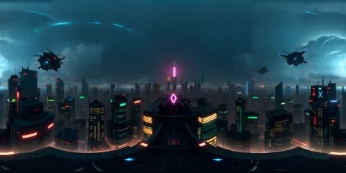 cyberpunk city with flying cars, tall buildings, and red and blue color. futuristic