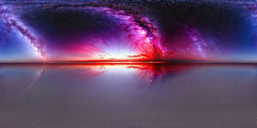 A mesmerizing ultra high-resolution space scene, vibrant red and purple hues swirling amidst a starry sea, casting an eerie and captivating glow on a cosmic canvas of absolute perfection.