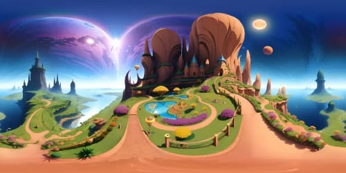 VR360 scene, ultra-high resolution, masterpiece quality, aerial view of grand castle, spires piercing a vibrant sunset, glowing moat, Pixar-style.