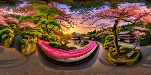 A flawless masterpiece of an ancient Japanese temple enveloped by a vibrant cherry blossom forest at sunrise, delicate petals dancing around a shimmering koi pond, intricate moss-covered stone lanterns, unparalleled in high-resolution detail, a visual symphony of perfection.