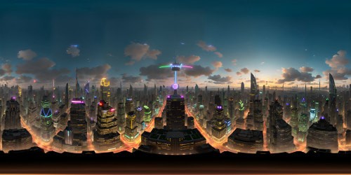 VR360 view from skyscraper apex, cityscape bathed in nocturnal glow, VR360 panorama of high-resolution urban sprawl. Digital painting style, intricate, masterful detailing, crisp lines, vivid contrast. Luminescent skyscraper silhouettes, radiant windows, twinkling city lights, enormous metropolis.