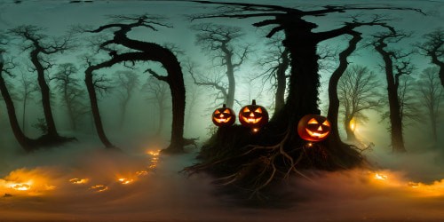 Dark and mysterious haunted forest blanketed in thick fog, moonlit glow casting eerie shadows on twisted trees, glowing jack-o'-lanterns shimmering among spectral animal spirits, playful yet spooky ambiance, a flawless high-resolution spectral masterpiece.