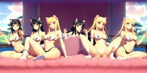 Higher-quality, masterful VR360 scene. Quintet of unique princesses, mature and elegant, clad in white fur, accents of pink. Application of lustrous red lip gloss. Diverse attributes: clear blue eyes, golden hair. Untraditional poses: squatting, arms uplifted. Minute details highlighted: armpits, feline ears. Ultra-definition VR360 experience. Style: Photorealistic, refined.