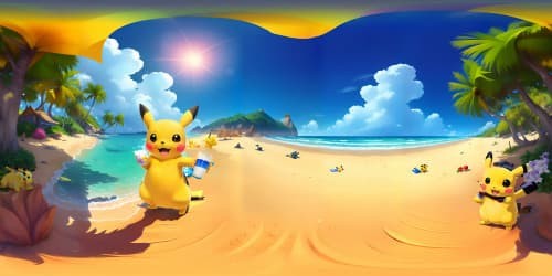 pikachu on a beach holding a beverage