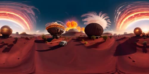 VR360 desert scenario, Los Alamos inspiration, ultra HD detailing, desert ambiance, surreal nuclear bomb mid-detonation, eerie energy ripples, masterful play of colors, ash grey, atomic orange, shocking pink. Style: Hyperrealism