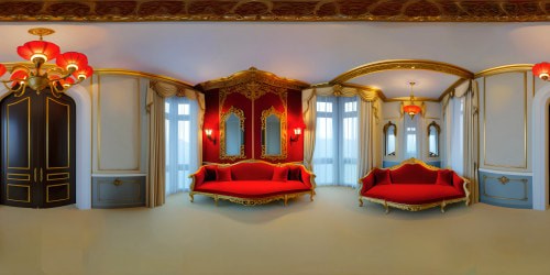 VR360 hyper-realistic brothel interior, lush velvet furnishings, gold accents. Rococo painting influence, vivid texture, intricate pattern details. Red lantern glow, cast shadows, VR360 grandeur, lavish decadence. Ultra-high resolution, masterpiece quality, sumptuous color palette.