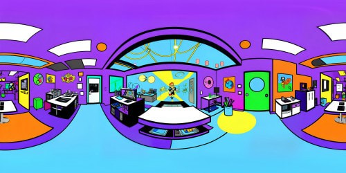 "Dexter's Lab" ultra-high-resolution, maximum artistic quality. Cornerstone of VR360: a vibrant, pastel-colored laboratory space, futuristic, filled with powerful scientific equipment and pulsating lights. Pixar-style visuals, intricate details, comic book-like boldness. Peeks of a toy-cluttered, typical kids' room through the lab doors. Flawlessly rendered, VR360 view of an eccentric, animated world.