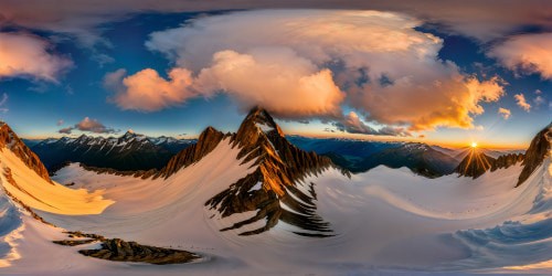 An awe-inspiring panoramic view of a pristine mountain range at the peak of sunset, radiant hues casting a majestic glow over the snow-capped peaks, a flawless 8K resolution capturing every exquisite detail.