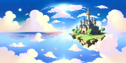 Masterpiece, ultra-high resolution VR360 panorama, Sword Art Online-inspired. Floating castle, mixed digital and fantasy art style. VR360 sky filled with ethereal clouds, shimmering rainbow hues. Luminescent constellations, holographic data streams cascading. Minimum foreground, expansive view.