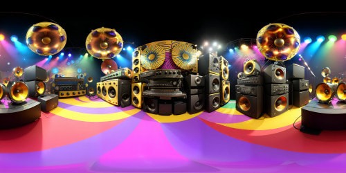 70s concert stage vibes, vibrant color splashes, psychedelic patterns, retro microphones, iconic drum set. Glittering stage lights, tall amplifier stacks, vintage instruments in foreground. Detailed with ultra high-res, a VR360 masterpiece, intense 70s style immersion. Abstract approach for VR360 experience, celebration of music golden era.