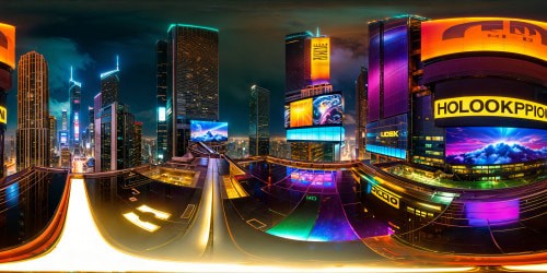 In a cyberpunk metropolis, a bustling neon-lit street adorned with holographic billboards and towering skyscrapers, reflecting on rain-slicked asphalt below, high-res reflections capturing intricate details, the epitome of digital artistry.