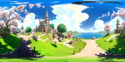 Sword Art Online aesthetic, VR360 panoramic, ultra HD quality, grand floating castles, vibrant blossoming cherry trees, cobalt-blue sky canvass, Aincrad's multi-tiered levels, ethereal digital realm, detailed medieval architecture, picturesque open world environment, pixel-perfect landscape renderings, iridescent magical aura. Pixar-style animation showing a fantastical blend of digital artistry and immersive VR360 landscapes.