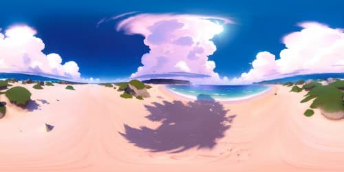 VR360 pristine beach panorama, sparkling azure sea, ultra high-res, fine sandy coastline, masterpiece. Crystalline peach sunset, seashells littered, pastel beach umbrellas, no horizon line. VR360 soothing beachscape, Impressionist style.