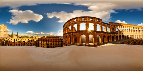 Majestic ancient Colosseum in Rome, bathed in warm golden sunlight, flawless architecture highlighted by intricate arches, majestic grandeur in ultra high resolution detail.