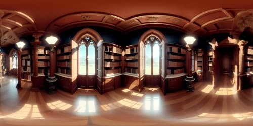 Storm-swept, ancient grand library, cascading rivers of ink, fluttering parchments. VR360 view of detailed Gothic architecture, endless bookshelves under a powerful tempest. Masterpiece scene in ultra HD, royal insignias, ornate portals. VR360 perspective, painterly style.