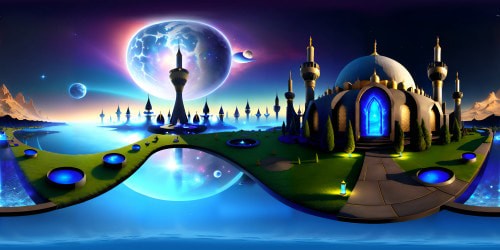 Futuristic mosque interior, ultra-high res masterpiece, VR360 domed ceiling, abstract geometric patterns, vibrant holographic calligraphy, levitating minbar, stellar constellation lighting, VR360 reflective marble floor, ethereal glow. Style: sci-fi, minimalistic, sublime space-age aesthetics.