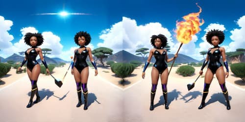 four african american women wearing black and blue leotards with thigh high boots. one woman has dreadlocks. two women are carrying flaming spears.