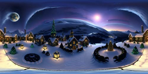 Ultra high-res VR360 winter wonder, snow-dusted rooftops, twinkling holiday lights. Immaculate masterpiece, Christmas town heaven. Ethereal glow, Pixar-style aesthetics, VR360 snowy lanes winding to infinity.