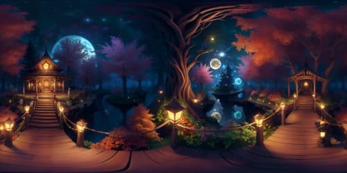 enchanted forest with treehouses, colorful flowers and autumn leaves at night with stars and lanterns skyview