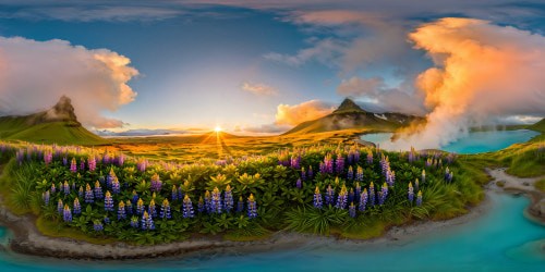 A flawless, high-resolution depiction of Iceland's serene summer landscape at the break of dawn, enveloped in ethereal fog, showcasing tranquil turquoise hot springs amidst vast tundra and blooming lupine fields, all under a breathtaking sunrise casting a golden hue over distant highland peaks.