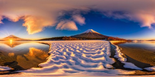 Majestic Mount Fuji at sunrise, pristine snow-capped peak, golden light kissing its slopes, flawless reflection in a crystal-clear lake, detailed masterpiece in ultra high resolution.