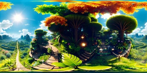 Ultra high-res VR360, masterpiece jungle, abundant exotic greenery, floral paradise. Pixar-style vibrant colors, lush texture, sparkling dewdrops. Best quality VR360, botanical wonderscape, vivid tropical flora.