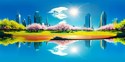 Masterpiece-grade VR360, ultra HD. Iconic New York City, spring bloom. Cherry blossoms, Fifth Avenue, Central Park. Translucent Israel flags fluttering, integrated subtly. Surfboards, gleaming, pretty, parked near Hudson River. Reflective skyscrapers, morning light. Style: hyper-realistic, digital painting.