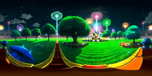 Masterpiece quality, Pokemon battle arena, ultra-high resolution, VR360 grandeur. Electrifying Pikachu vs. Charizard showdown, sparks flying. Stadium's digital scoreboard, towering pillars, spotlights. Surreal night sky, moonlit clouds, gleaming stars. Stylized as iconic anime, vivid colors, dynamic contrast. VR360 encompassing view, Pokemon universe immersion.