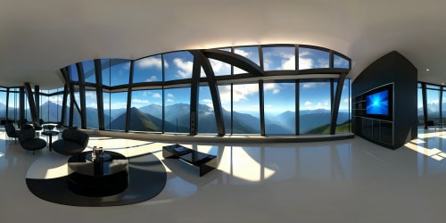 VR360 viewpoint in open space lobby, towering glass walls, mountain vistas beyond. Modern, sleek furniture elements, high-quality design touches. Cyberpunk-style influence, dramatic light contrasts, neon streaks. Ultra high-res VR360 vision, fusion of modernity, wilderness, digital masterpiece.