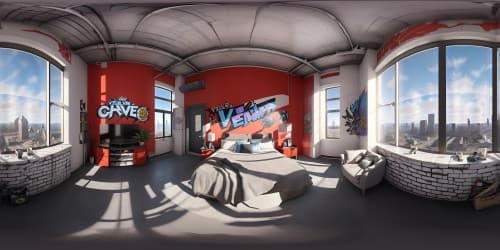 Ultra high-res VR360 view, Joker-themed warehouse, graffiti-adorned walls, top-quality digital painting style, masterpiece level detail, comic book colors, dramatic lighting, large, expansive interior. VR360 view of distant city skyline through cracked windows, night-time ambiance.