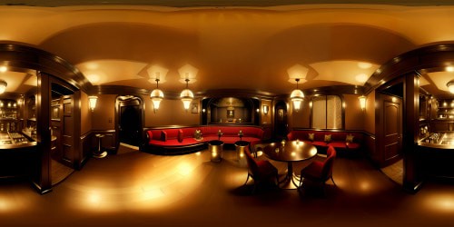 VR360 vintage jazz club, high brass fixtures, oak bar, velvet curtains. Cigar smoke swirls, ceiling fans' slow turn in ultra high res. Dim corners, atmospheric lighting, dancing shadows, cozy masterpiece. Instruments in corners, stage sans crowd, spotlight focus. VR360 sepia and warm tones, 1950s period details, vintage style illustration. Rich textures, masterpiece quality.
