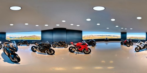 A showroom of futuristic motorcycles, flawlessly designed and gleaming under pristine lighting, capturing every sleek line and curve in ultra-high definition, radiating a sense of motion frozen in time.