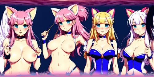 Higher-quality, masterful VR360 scene. Quintet of unique princesses, mature and elegant, clad in white fur, accents of pink. Application of lustrous red lip gloss. Diverse attributes: clear blue eyes, golden hair. Untraditional poses: squatting, arms uplifted. Minute details highlighted: armpits, feline ears. Ultra-definition VR360 experience. Style: Photorealistic, refined.