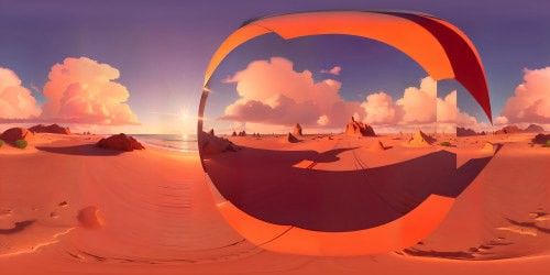 Masterpiece-quality, ultra-high resolution VR360, saturated sunrays dipping into the ocean. Glowing orange and coral hues in expansive VR360 sky, mirrored on mirror-like beach sand. Style: Realistic digital painting.