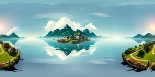 Masterpiece VR360, solitary boat on tranquil river, ensnared in enigma of misty clouds, traditional Chinese ink style. Imbued with tranquility, mystical VR360 landscape, ultra high resolution, exuding classical allure.