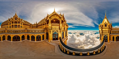 A luxurious, opulent palace gleams with intricate gold filigree and priceless gemstones, reflecting a grandeur that transcends time and space under a radiant golden glow.