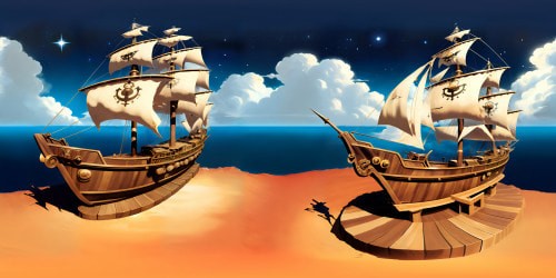 Masterpiece pirate ship, carved oak figurehead, weathered teak deck. Billowing ebony sails, starlit VR360 backdrop. Glittering sea mirroring constellations. Fantasy art-style, ultra high-res VR360 details.