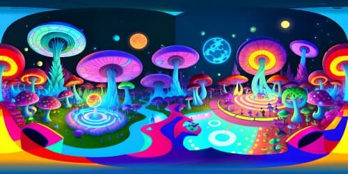 Rick and Morty alien world, neon mushroom forests, floating bubbles, extreme detail, psychedelic colors everywhere. Labyrinthine paths, scattered alien artifacts, VR360 perspective. Style: comical, surreal, vivid, ultra-high res. Perfect for VR360 masterpiece adventure.