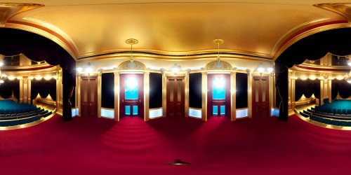 Golden-hued theatre interior, adorned Corinthian columns, opulent red velvet seating, gilded ornate balconies. Frescoed ceiling, captivating chandelier, Grand Tier, VR360 view. New York Metropolitan Opera House, ultra high-res, perfection. Imbued with Pixar-style vibes, masterpiece quality visuals.