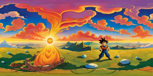 Standing on the flawless, ultra high-resolution Earth from Dragon Ball, the stunningly beautiful sky spans with vivid hues of sunset, wispy clouds, and a golden aura, keeping watch over the breathtaking landscape below with the highest quality detail.