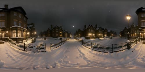 Ultra high-res VR360, Dickensian realism style, 1970s winter in vintage London. VR360 view, festive Christmas lights twining cast-iron lampposts, falling snow dusting cobblestone streets. Moonlit Thames, exquisite chiaroscuro lighting, snowy masterpiece.