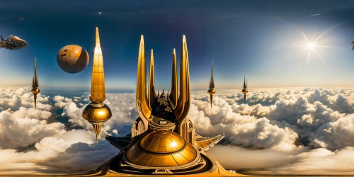 Opulent Star Wars palace on a lush alien world, gleaming golden spires, intricate geometric architecture, bustling spacecraft overhead, twin suns casting long shadows, holographic displays, towering ancient statues, bustling alien marketplace, bustling airspeeders.