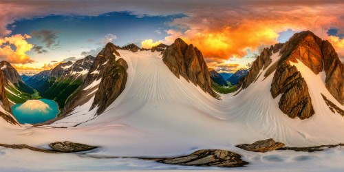 Panoramic view of Tava mountain range at golden hour, flawless snow-capped peaks reflecting the setting sun, vibrant alpine meadows cascading towards crystal-clear lakes, impeccable detail in ultra high resolution, a breathtaking masterpiece of natural beauty.