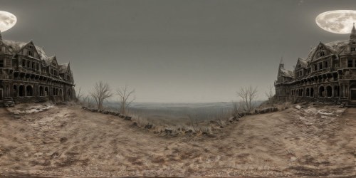 An ominous, ancient haunted mansion under the moon's soft light, towering spires casting chilling shadows, shattered windows radiating a ghostly shimmer, intricately detailed decay in 12K resolution, an eerily captivating masterpiece of darkness and dread.