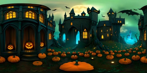 "VR360: spooky Halloween scene, phantom presence, intricately carved pumpkins, wizard imagery (Harry Potter inspired), witch figure, graveyard ambiance, haunted castle silhouette, eerie haunted house, Pixar-style detailing. VR360: chilling atmosphere, ultra high-res execution, flawless masterpiece quality."