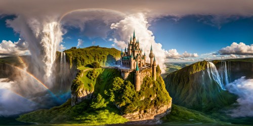 An ethereal fairy castle perches atop a verdant hill, basking in the radiant sunlight, boasting intricate crystal spires, shimmering rainbow waterfalls, and glowing gardens in flawless ultra-high resolution, a true masterpiece.