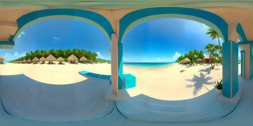 Tropical beach panorama, finest sand, azure ocean, palm fringes. Impressionist style, Monet-inspired, pastel color palette, detailed textures. VR360 view, sweeping beach vista, sunset hues, playful shadows. VR360 masterpiece, ultra-high-resolution, captivating depth, engaging elegance.